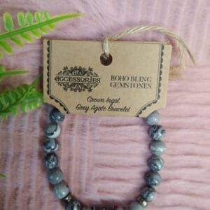 Pulseira Ágata Cinza com Lingote Coroa 8mm