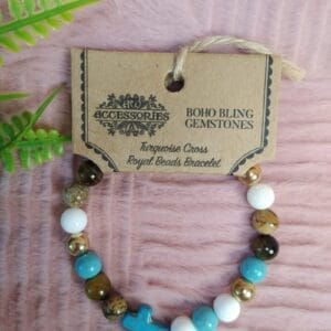 Pulseira Contas Reais com Cruz em Turquesa 6-8mm