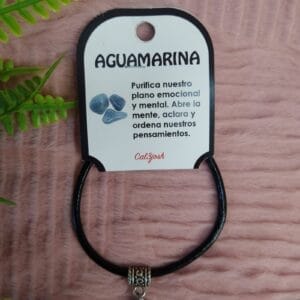 Pulseira em couro com Pendente Água Marinha e Medalha Sorte