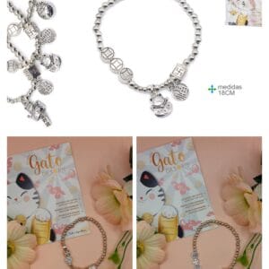 Pulseira Gato da Sorte Ajustável Prateada
