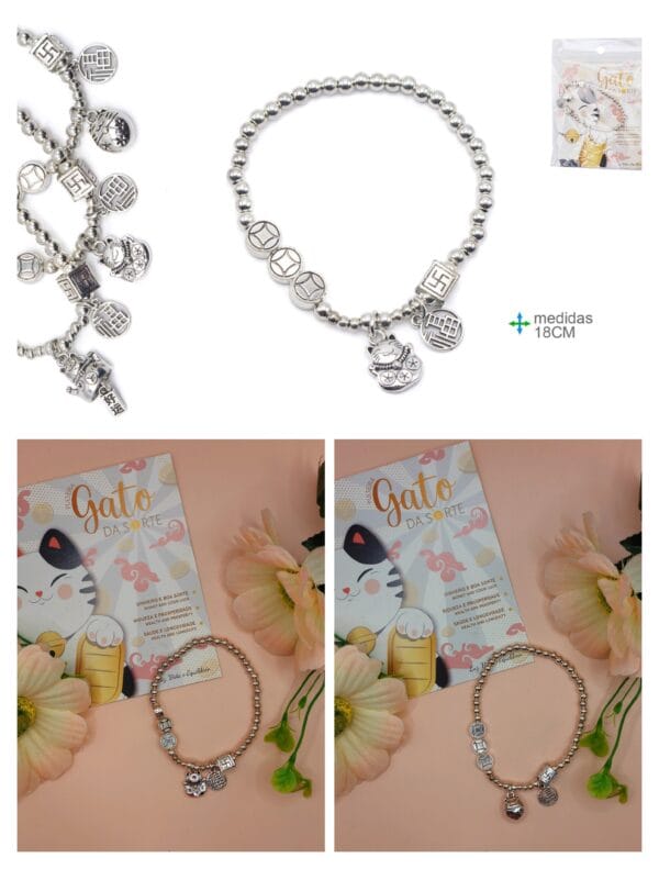 Pulseira Gato da Sorte Ajustável Prateada
