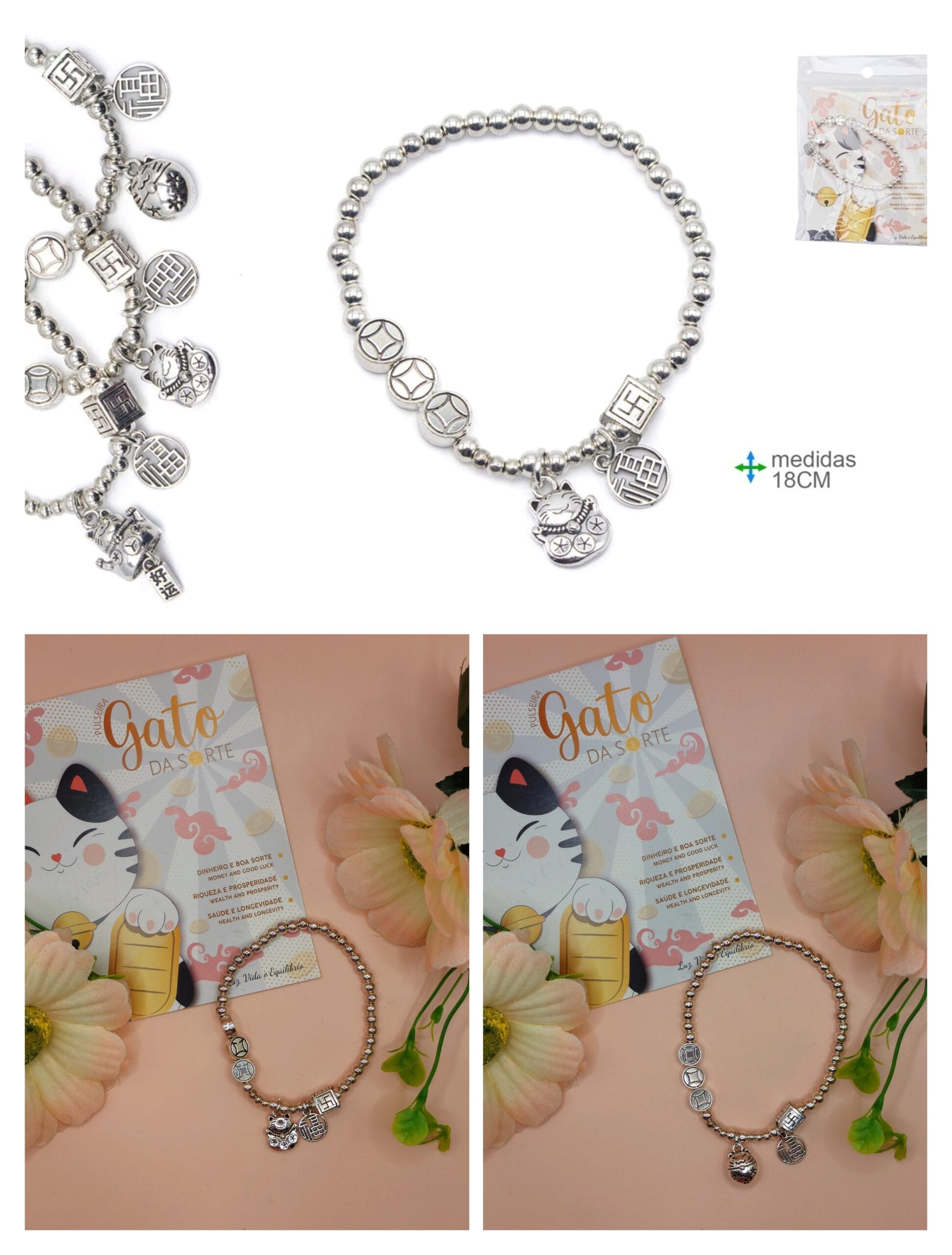 Pulseira Gato da Sorte Ajustável Prateada
