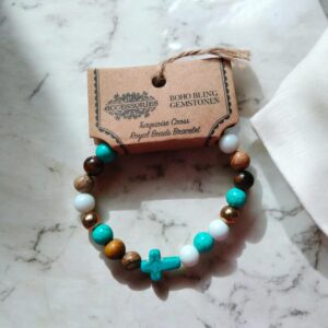 Pulseira Contas Reais com Cruz em Turquesa 6-8mm